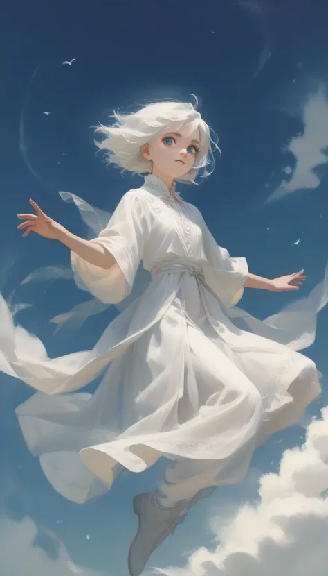 a  with short white hair and blue eyes and flying through the skies