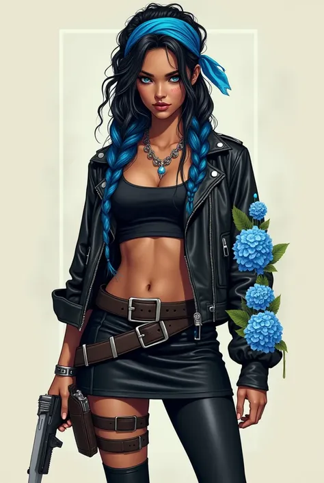 A drawing of a tanned woman with blue eyes with a small tattoo of a blue hydrangea on her cheek and with blue goddess braids and loose black curls and a blue bandana on her head.. She wears a black crop top with a leather jacket with a hydrangea with color...