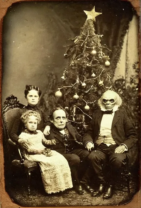 daguerreotype photo of an alien from space as he is sitting with a family next to a christmas tree, turn the adults into zombies...