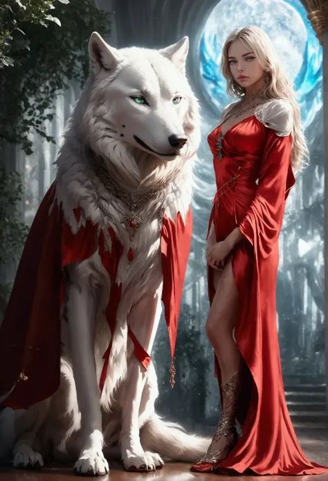 fantasy art, rpg art, ultra wide shot, raw, photorealistic, a picture of woman and her (white: 1.4) wolf pet, the woman,  an exq...