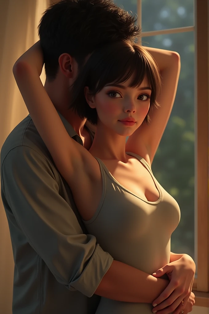 Top quality, 1 beautiful woman, super short Hair, wearing tanktop, shy-smile, Arms Up, backpose a man kissing her back