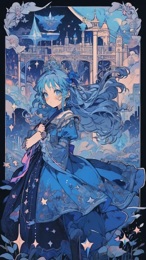 (One princess、One prince:1.5)、Blue long dress、Dance、city、firework、流れstar、Night Sky、star、moon、(smile)