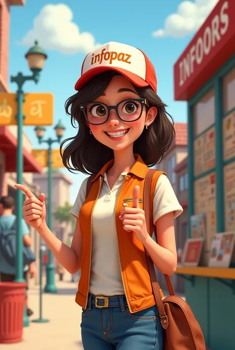 pixar drawing, 
A 20-year-old woman dressed as a tourist informant,who has a cap that says Infopaz,  with glasses , medium hair , explaining 