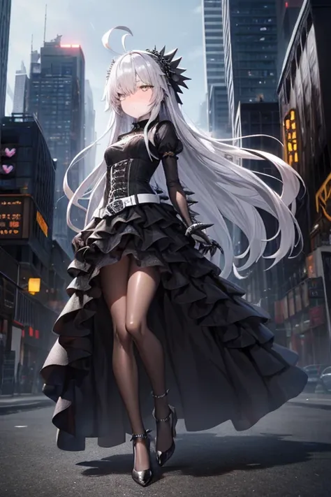 Masterpiece, best quality, ultra detailed, illustration, lighting epic, cinematic composition, 1 girl, Full body, 1, Depressed face, Silver eyes, Covered eyes, Blushing, Silver hair, Long hair, Ahoge, Bangs, Strand of hair covering her right eye, Full body...