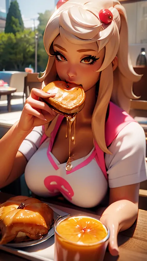 a gyaru girl eating breakfast wearing only a top