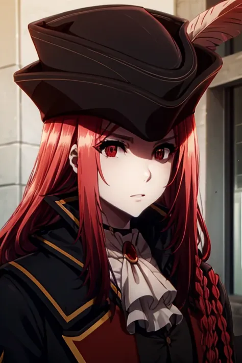 marydef, red hair, red eyes, long hair, looking at viewer, ascot, side braid, hat, black coat, black vest, upper body, portrait,...