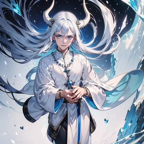 1male, mature, male focus, (solo), (((blue tint))), tan skin, finely detailed tundra, cold, cool tones, white robe, surrounded by ice, ice cave, ice cavern, snow, finely detailed glowing blue eyes, ((detailed hands)), nice hands, medium messy hair, white h...