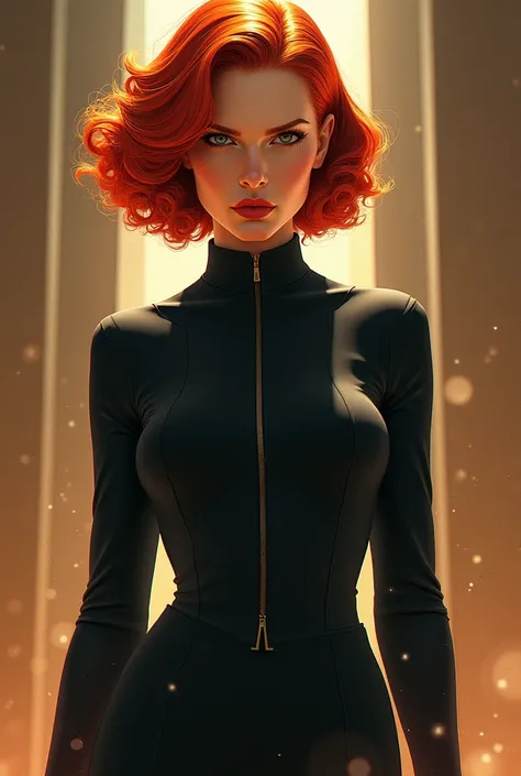 A woman in front ,redheadwear, 3, Bullish, Linda, Russian, ( Black Widow), short-hair, illustration, expressive, Lindas coresestilo cartaz,  inspired by J.C Leyendecker