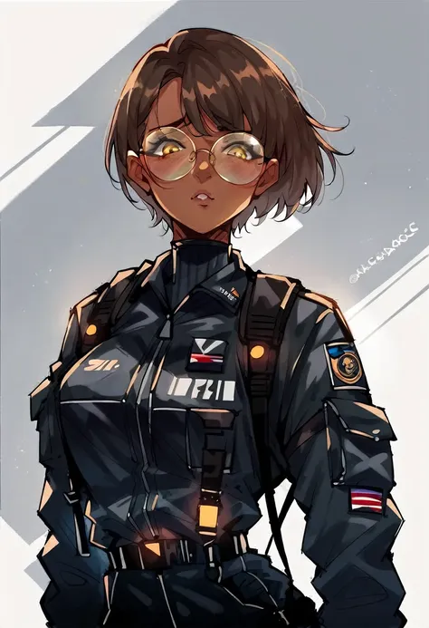 beautiful shy anime pilot woman, tanned skin, short brown hair, aviator glasses, yellow eyes, black tactical leather flightsuit,...