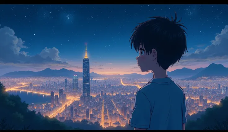 A boy watching the beautiful city view from high place night photo from behind anime style portrait 