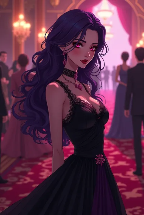 Wavey, glossy purple hair。Slightly slanted crimson eyes。Beautiful and stinging々Her beautiful appearance is like a large flower and gives a strong impression.。Perfectly balanced proportions。Gorgeous black A-line dress。Pink ruby jewellery。Purple lace。Black a...