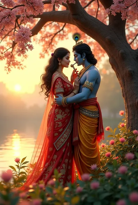 (photorealism:1.2), Depict Radha and Krishna together in a serene, romantic setting. Radha is adorned in a beautiful traditional saree with intricate designs in shades of red and gold, her graceful posture reflecting love and devotion. Krishna is portrayed...