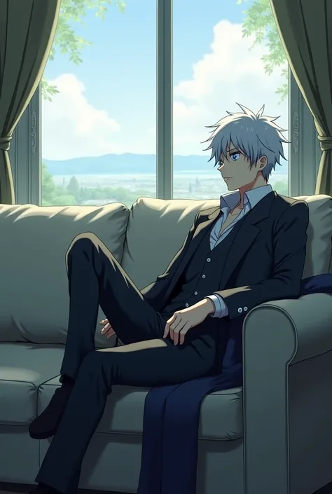 Gojo satoru sit on the sofa look outside the window 
