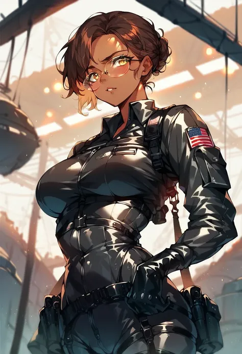 beautiful shy anime pilot woman, tanned skin, short brown hair, aviator glasses, yellow eyes, black tactical leather flightsuit, straps, waist up, hangar background, LowKeyLights