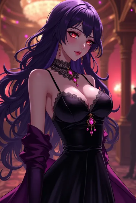 Wavey, glossy purple hair。Slightly slanted crimson eyes。Beautiful and stinging々Her beautiful appearance is like a large flower and gives a strong impression.。Perfectly balanced proportions。Beautiful décolletage。Nape。Big Breasts。A gorgeous and elegant black...