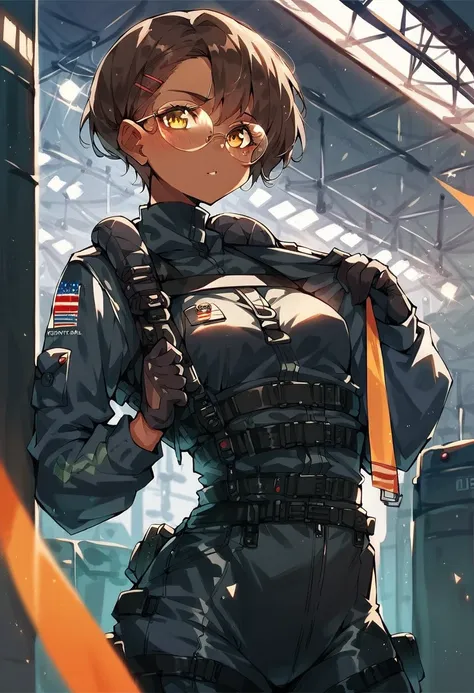 beautiful shy anime pilot woman, tanned skin, short brown hair, aviator glasses, yellow eyes, black tactical leather flightsuit, straps, waist up, small breasts, hangar background, LowKeyLights