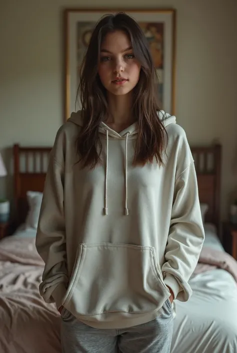 young woman, straight brunette hair, standing in bedroom wearing hoodie and yoga pants, looking at camera, photorealistic 0.600