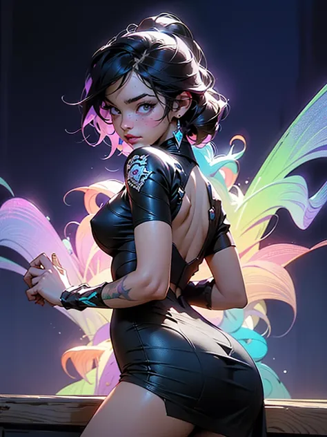 retrato altamente detalhado de one mulher tatuada, with a mini dress, one , por Atey Ghailan, por Greg Rutkowski, by greg tocchini, por James Gillard, por Joe Fenton, by Kaethe Butcher, voluptuous, super detailed face, wide curvy, highly detailed accentuat...