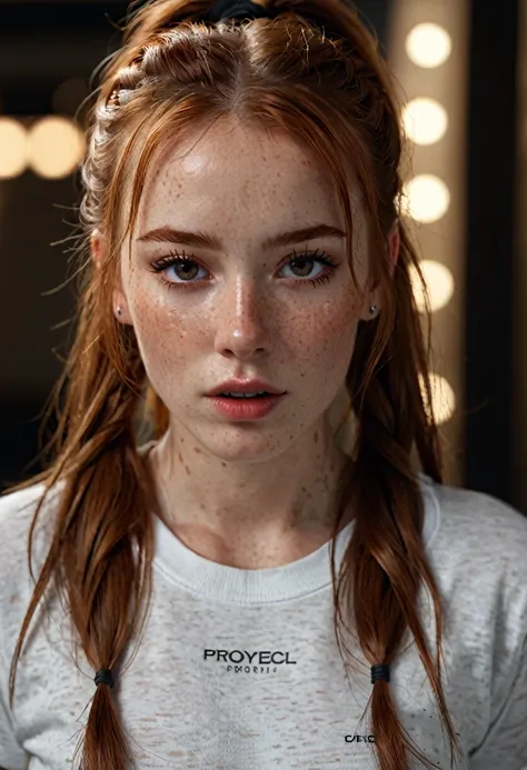 photo,8k,sharp focus,beautiful woman,close up,t-shirt,(detailed eyes:0.8),(looking at the camera:1.4),(highest quality),(best eyeshadow),brown eyes,rim lighting,two tone lighting,dimly lit,low key,intricate details,interior,ponytails,ginger hair:1.3,open m...