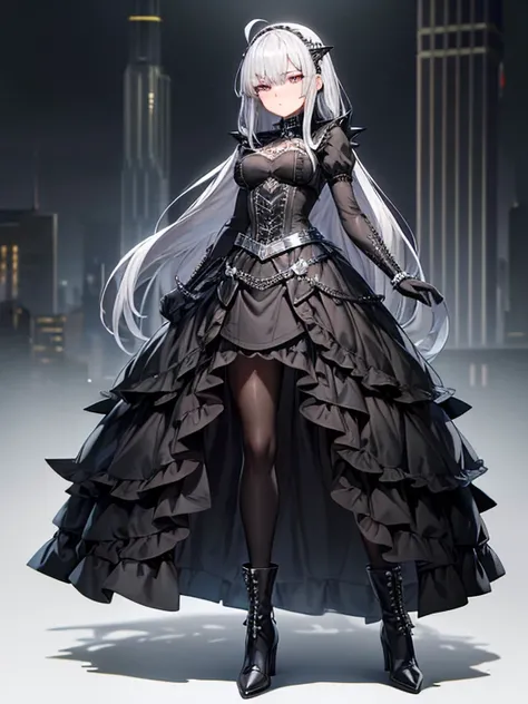 ((best quality)), ((masterpiece)), (detailed), 1 girl, Full body, 1, Depressed face, Silver eyes, Covered eyes, Blushing, Silver hair, Long hair, Ahoge, Spiky hair, Bangs, Strand of hair covering her right eye, Full body, Very tall, Very small breasts, Thi...