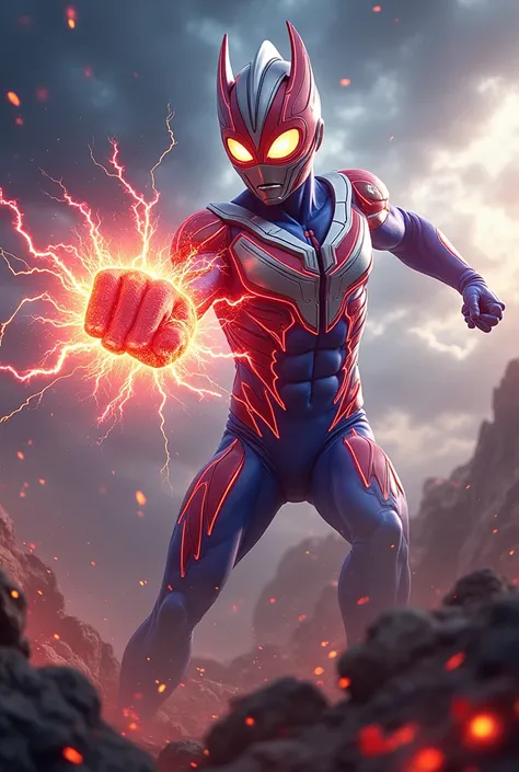 Ultraman Orb Thunder Form Uses Ultra Lightning Punch 8K Octane Attack, Image Fill, Super Detailed, Motion Lines, Lens Flare,Speed Lines, 