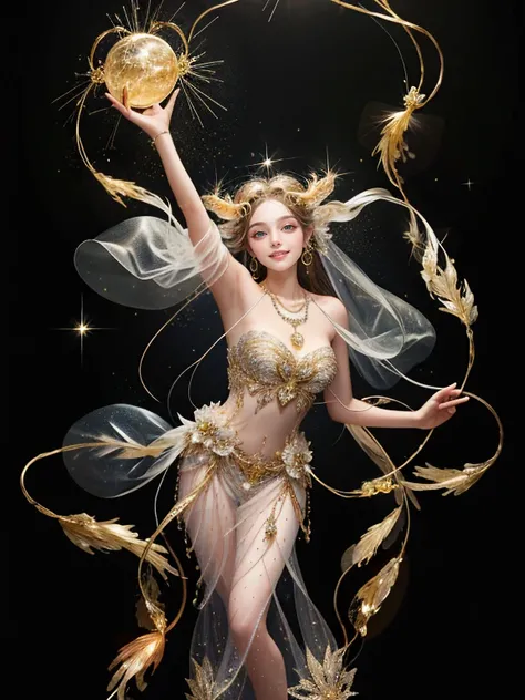 1 girl, dynamic elegant poses,  gorgeous Aries Zodiac accessories, long hair, , glow necklace, full of mythology ,glowing lights, Transparent tulle, Transparent streamers, costume inspire from Aries Zodiac. stars, glittering, shining light.