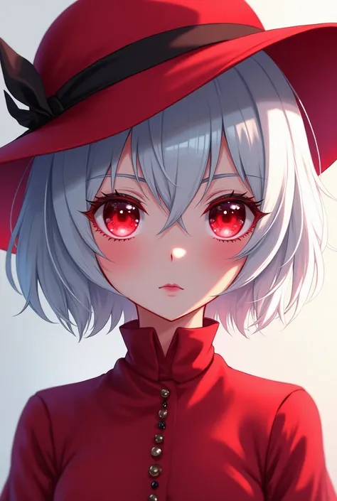 Anime girl with short white hair white skin color red eyes red hat red clothes