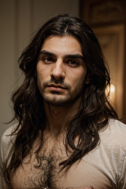 create a tall dark-eyed Italian man character, moreno, long wavy hair and bushy eyebrows,marked jaw and thin middle-class nose 