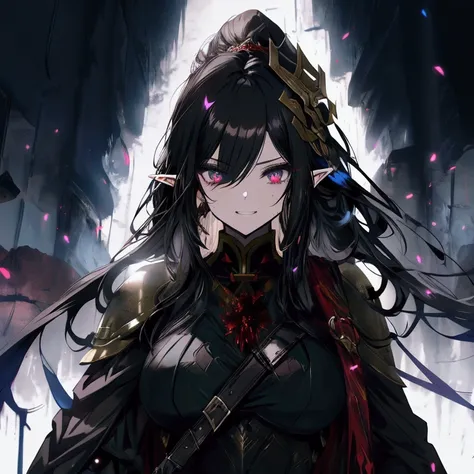 an adult beautiful elf woman with long black hair and dressed in black armor, she is in battle, She laughs, the armor is stained with blood, fighting warrior anime girl, beautiful fantasy anime, Black Armor