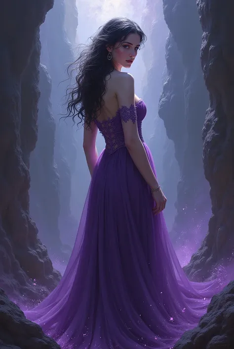 Image of goddess Persephone in purple dress in the underworld