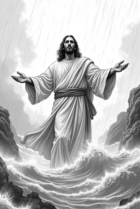 Create a drawing with black and colorless outlines of Jesus Christ on the waters calming the storm 
