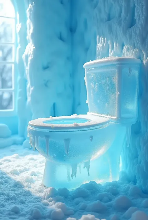 A bathroom with a toilet carved from ice, shot from a diagonal side view. The toilet is transparent, with frost patterns and icicles hanging from its surface. The entire room has walls and floors made of ice, creating a cold, frozen atmosphere with shimmer...