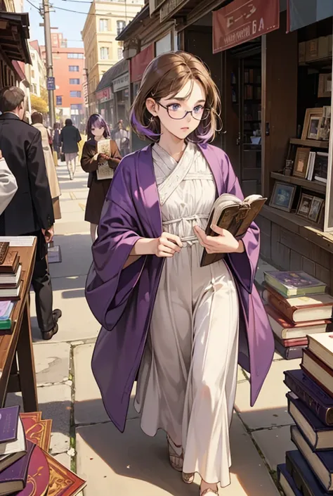 2 characters,1 guy, 1 girl, girl with short brown hair with purple streak, Brown eyes, Tired, walking down the street, fantasy world, a pile of books in hands, brown robe, autumn, purple and white dress, 1 young man follows her with a bunch of books, blond...