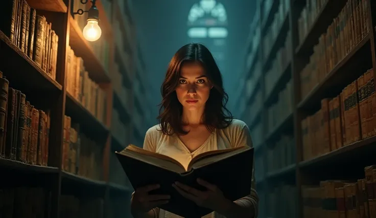 A woman in her late thirties with shoulder-length dark hair and green eyes stands in the middle of a dimly lit archive room. She is holding an ancient, leather-bound book open, her expression intense as she reads. Shelves filled with dusty, old books surro...