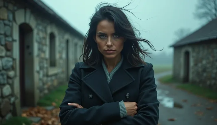 A woman in her late thirties with shoulder-length dark hair and green eyes stands outside a stone building, pulling her coat tightly around her against a strong, cold wind. Her expression is determined and slightly grim. The environment is overcast, with d...