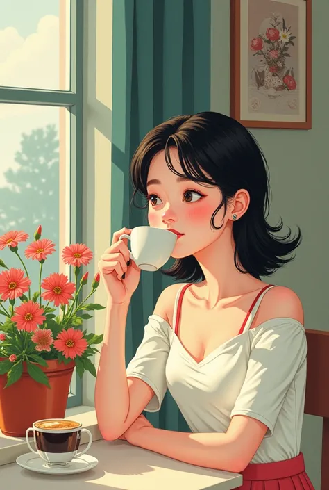 masterpiece,best quality,masterpiece,best quality,official art,extremely detailed CG unity 8k wallpaper,Slight retro color,riso print style,illustration,cute,1girl,Flowers,Windowsill,flowerpot,Drink coffee,.