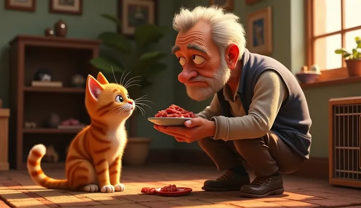  3D Pixar Animation Style of an old man with serious look feeding, holding with his right hand  a bowl of meat an one eyed orange cat with stripes in the middle of his living room , at the background we can see a piled empty pet cages 