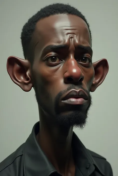 young black man, very ugly and sad, with a big nose, big ears.