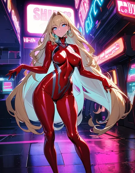 Alluring, curvaceous woman with flowing blonde hair and bright sapphire eyes stands confidently in a figure hugging red bodysuit in front of a sleek, futuristic star ship lit by soft neon lights. Combines high fashion and gritty 90s sci fi anime. Retro fut...