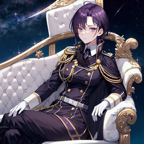 Night sky background, night time, Military uniform, noble clothes, aristocrat, monocle, white cape, white glove, 1woman, solo, dark purple hair, high collar, tied hair, shining hair, medium-large breast, sitting on couch, facing viewer, arrogant, 