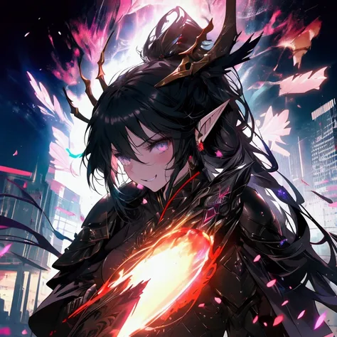 an adult beautiful elf woman with long black hair and dressed in black armor, whole figure, epic fantasy background, Beautiful art, girl in battle, She laughs, the armor is stained with blood, fighting warrior anime girl, beautiful fantasy anime, Black Arm...