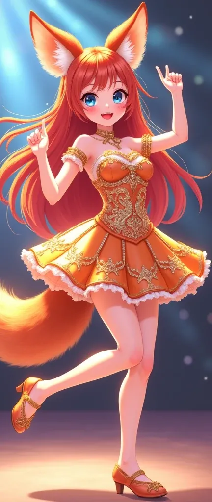 Female, solo, modern clothes, fox ears and tail, anime style, idol clothes, shinning smile, dance moves, Long curly red like fire hair, cute face, perfect quality, anime style, ice-blue eyes, HD quality, 17-years old, perfect fingers, beautiful idol dress,...