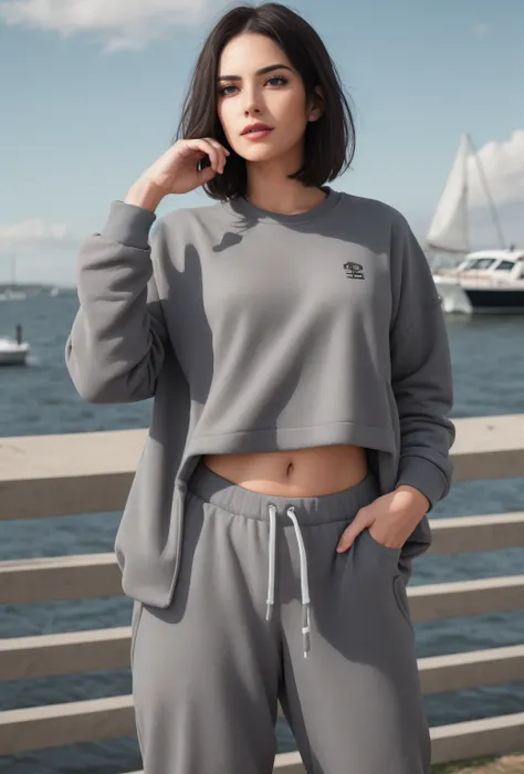 a expressive woman,blunt bob,brunette,athleisure comfy sweatpants in a soft grey fleece material.,claw pose,,calm sky with sailb...