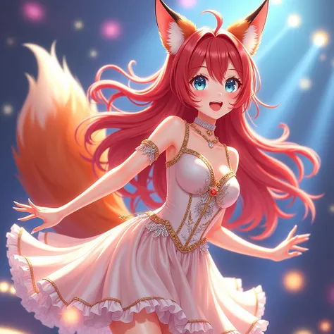 Female, solo, modern clothes, fox ears and tail, anime style, idol clothes, shinning smile, dance moves, Long curly red like fire hair, cute face, perfect quality, anime style, ice-blue eyes, HD quality, 17-years old, perfect fingers, beautiful idol dress,...