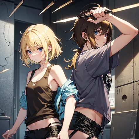 Blonde, Medium Hair, {One Girl}, Tank tops, Short sleeve jacket, Small Tagger, Throwing knives