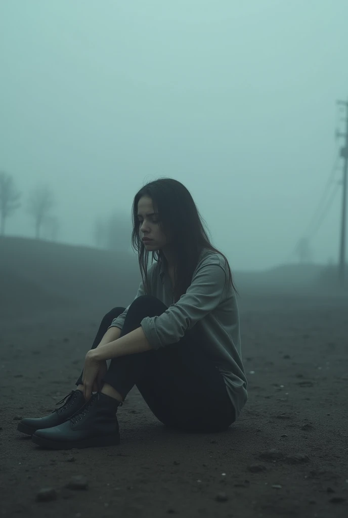 A depressed girl sitting in a place ,where it was so foggy,everything was empty,eveything was blank and plain