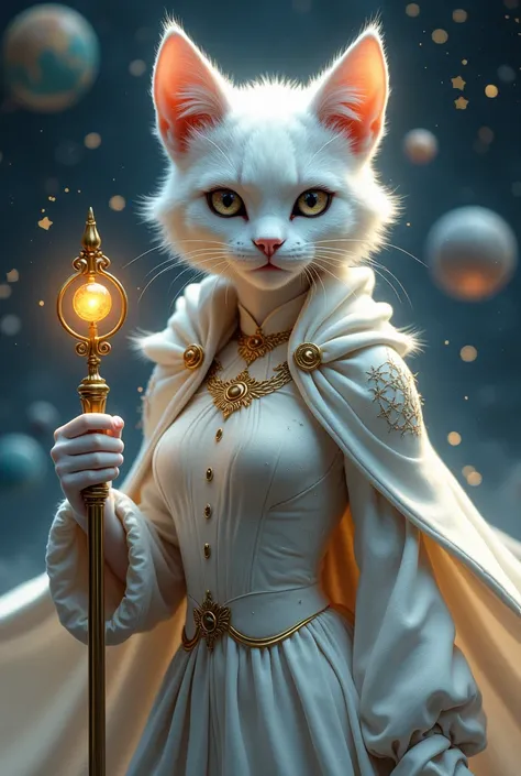 feline with a woman&#39;s body, short white coat, round face, Warm grey eyes looking straight ahead. Star Clothes and Cape. feline hands, one with magic and the other holds a command scepter. surrounded by a background of planets and worlds.