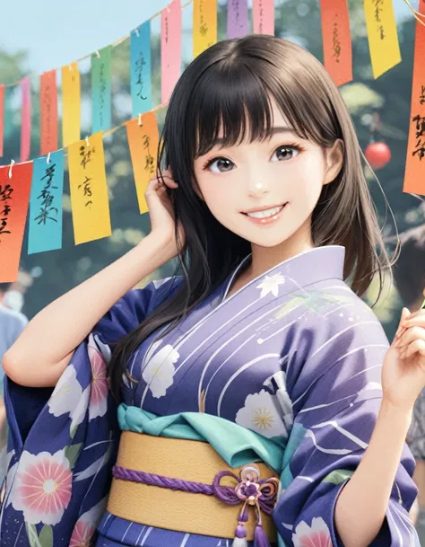 (Highest quality:1.2), One girl, Yukata, Tanabata Festival, Cowboy Shot, Shoot from the front,Please draw a picture of a Japanese girl with a round face and a dazzling smile, smiling in an anime style.