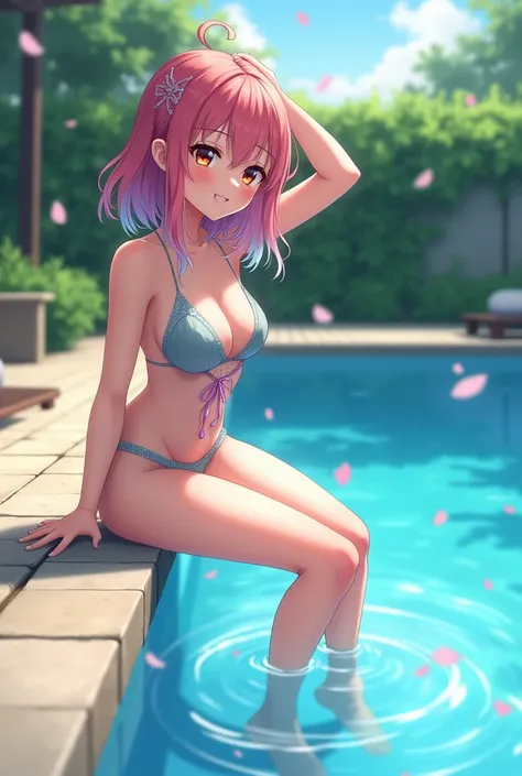 an anime girl in a swimsuit relaxing with her feet in the pool