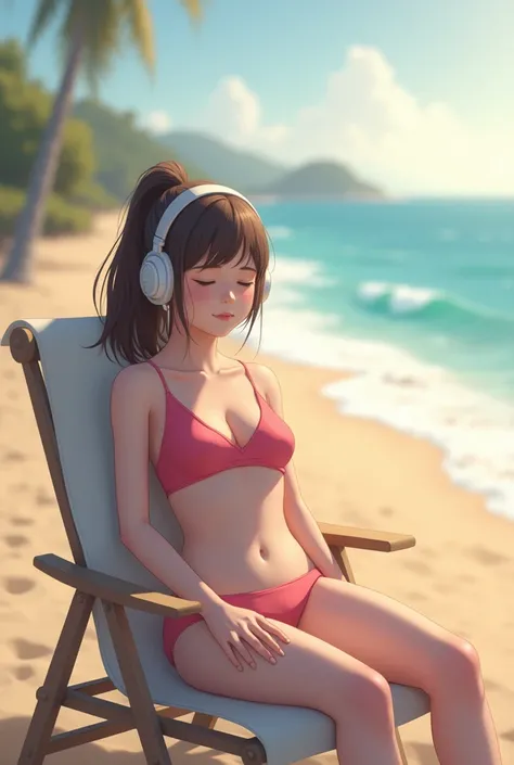 Image of a calm girl wearing headphones on the beach sleeping on a chair and wearing a pink bikini with
